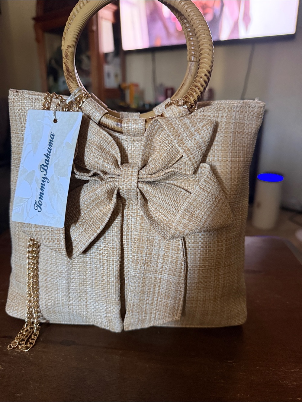 Tommy Bahama Natural Beige Straw Tote with Bow & Bamboo Handles